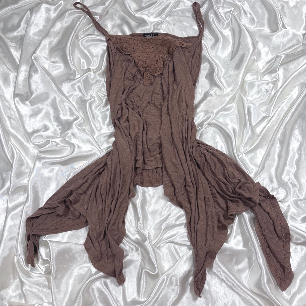 y2k Cami Top Brown Excellent Lace Crochet Handkerchief Hem Sharkbite Tank